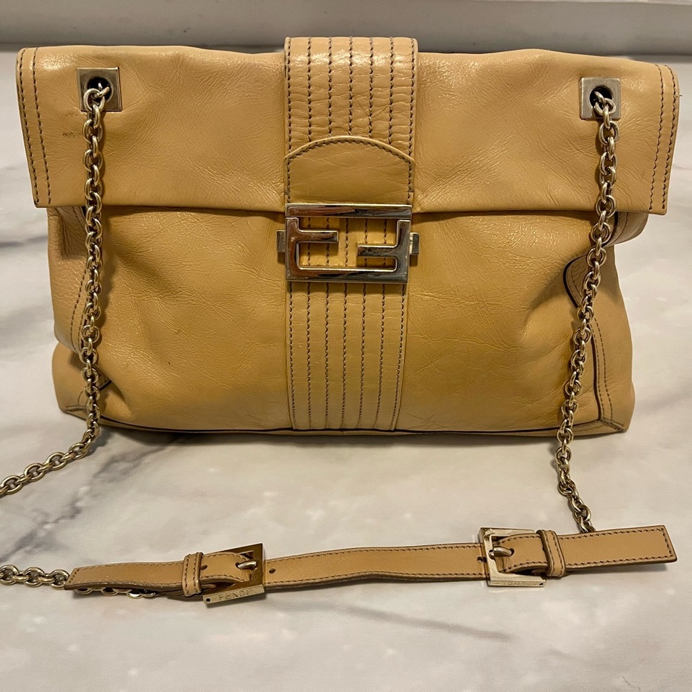 Fendi Beige / Tan Leather Shoulder Bag with Chain Strap